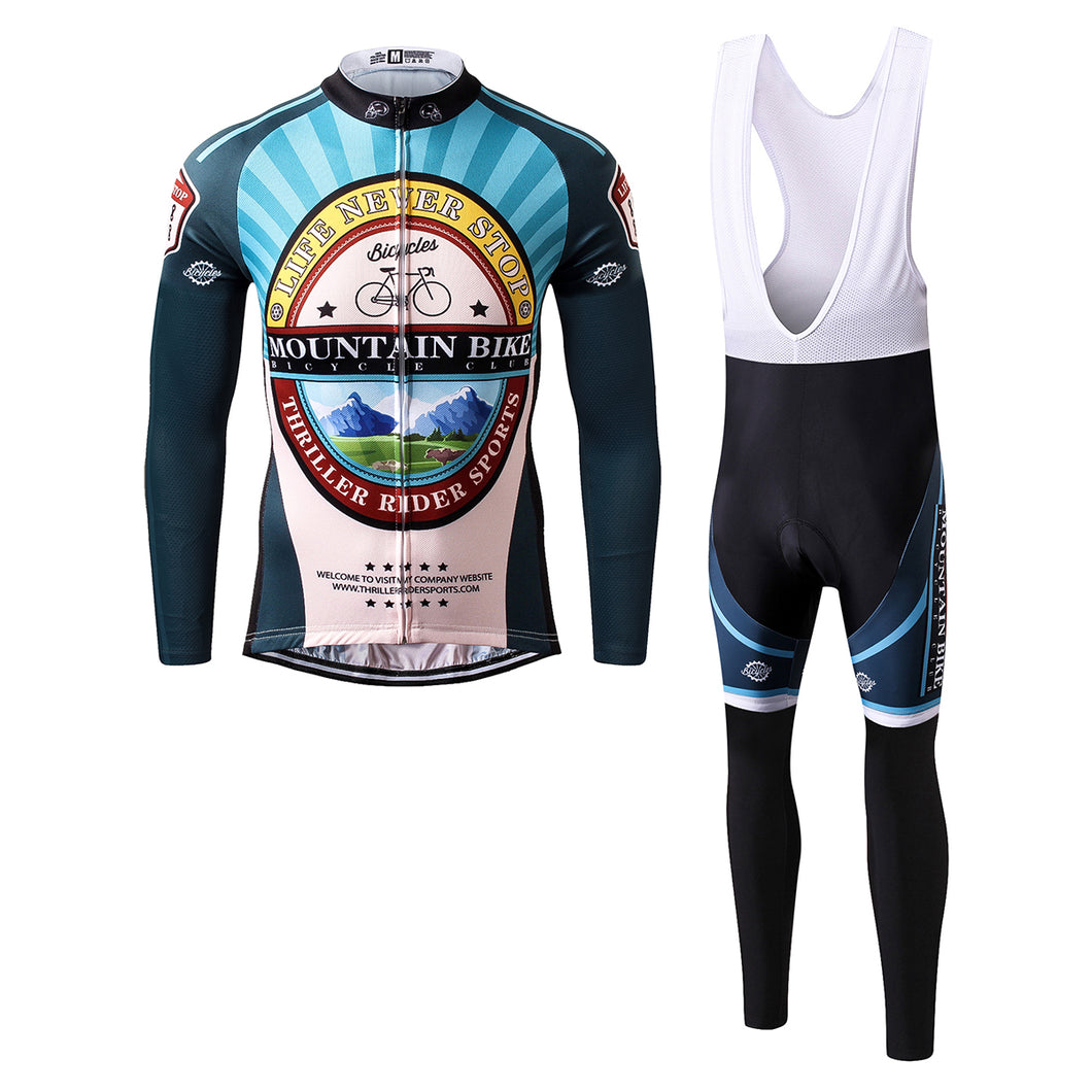 Thriller Rider Sports Bicycle Clothing Mens Cycling Jersey Long Sleeve and Bib Trousers Kit(Mountian Bike Bicycle Club)