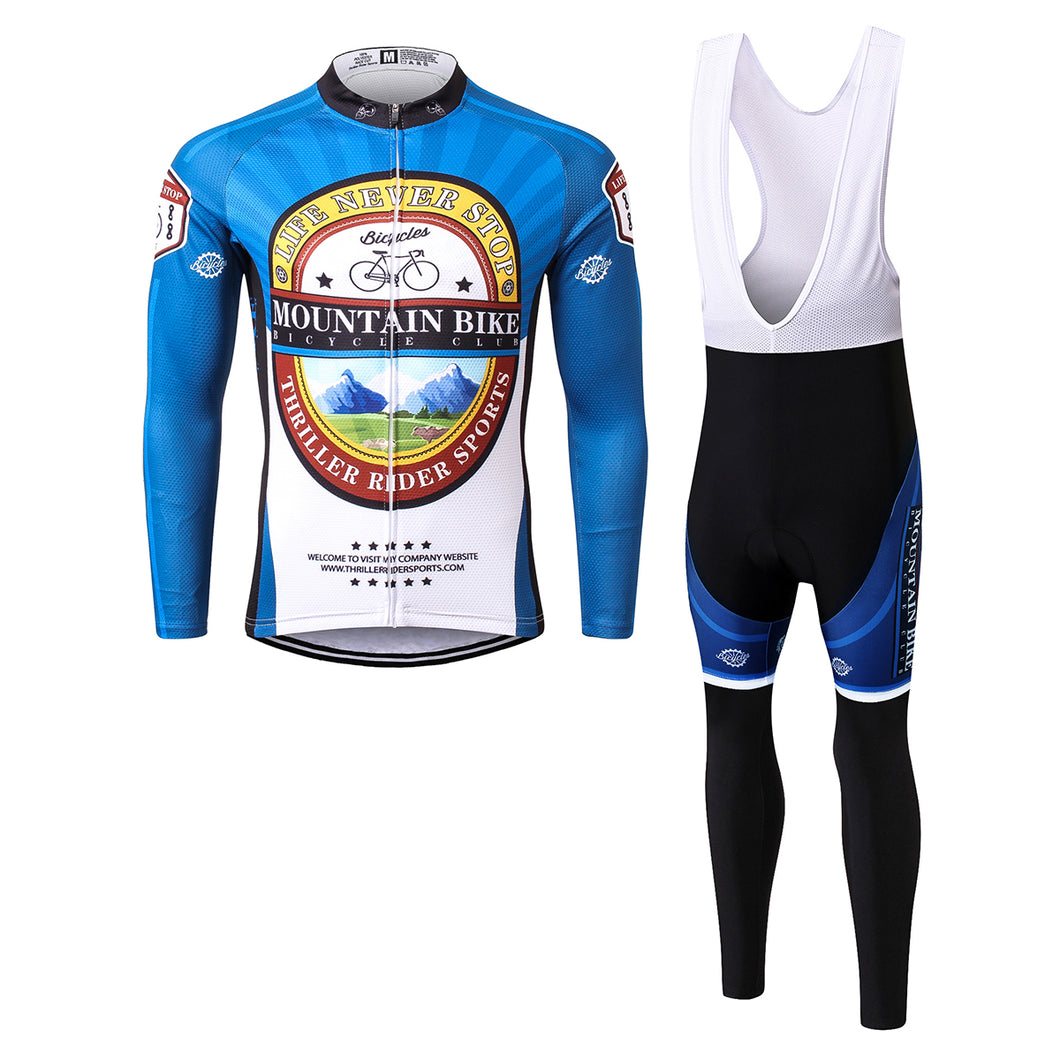 Thriller Rider Sports Bicycle Clothing Mens Cycling Jersey Long Sleeve and Bib Trousers Kit(Mountian Bike Bicycle Club)