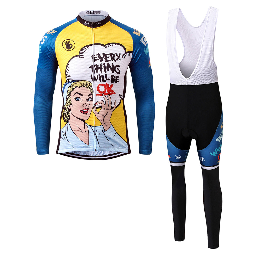 Thriller Rider Sports Bicycle Clothing Mens Cycling Jersey Long Sleeve and Bib Trousers Kit(Everything Will Be OK)