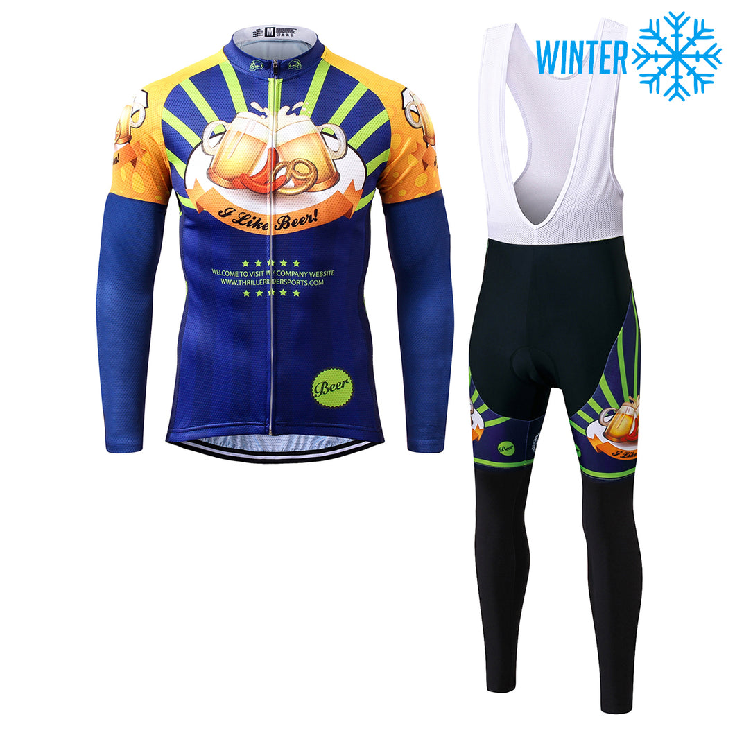 Thriller Rider Sports Vêtements de Vélo Homme Cyclisme Vestes + Collant à Bretelles Thermique/Hiver Combinaison(I Like Beer)