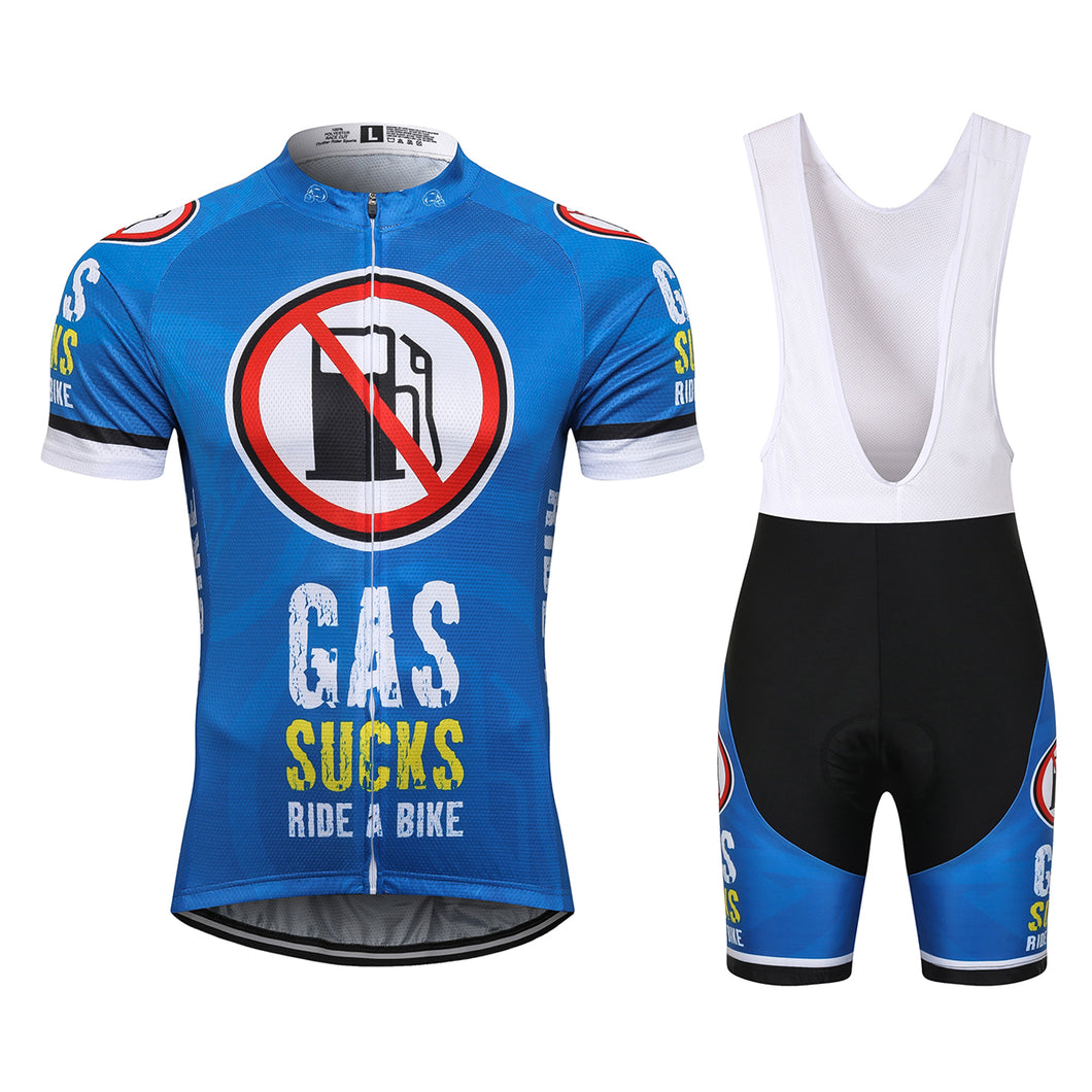 Thriller Rider Sports Bicycle Clothing Mens Cycling Jersey Short Sleeve and Bib Shorts Kit(Gas Sucks Ride a Bike)