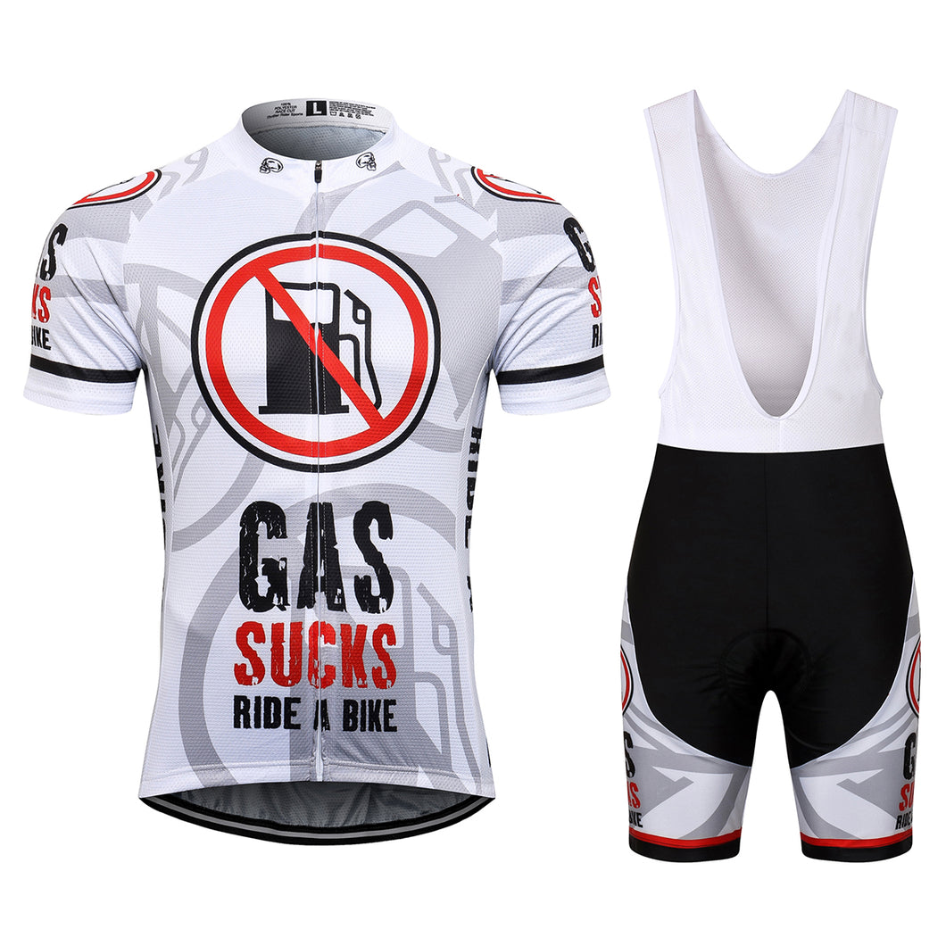 Thriller Rider Sports Bicycle Clothing Mens Cycling Jersey Short Sleeve and Bib Shorts Kit(Gas Sucks Ride a Bike)