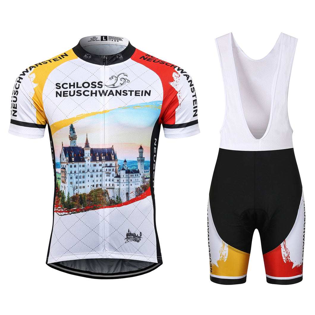 Thriller Rider Sports Bicycle Clothing Mens Cycling Jersey Short Sleeve and Bib Shorts Kit(Schoss Neuschwanstein)