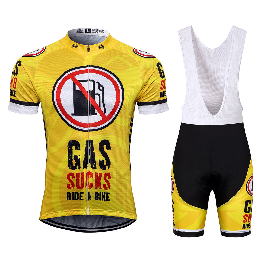 Thriller Rider Sports Bicycle Clothing Mens Cycling Jersey Short Sleeve and Bib Shorts Kit(Gas Sucks Ride a Bike)