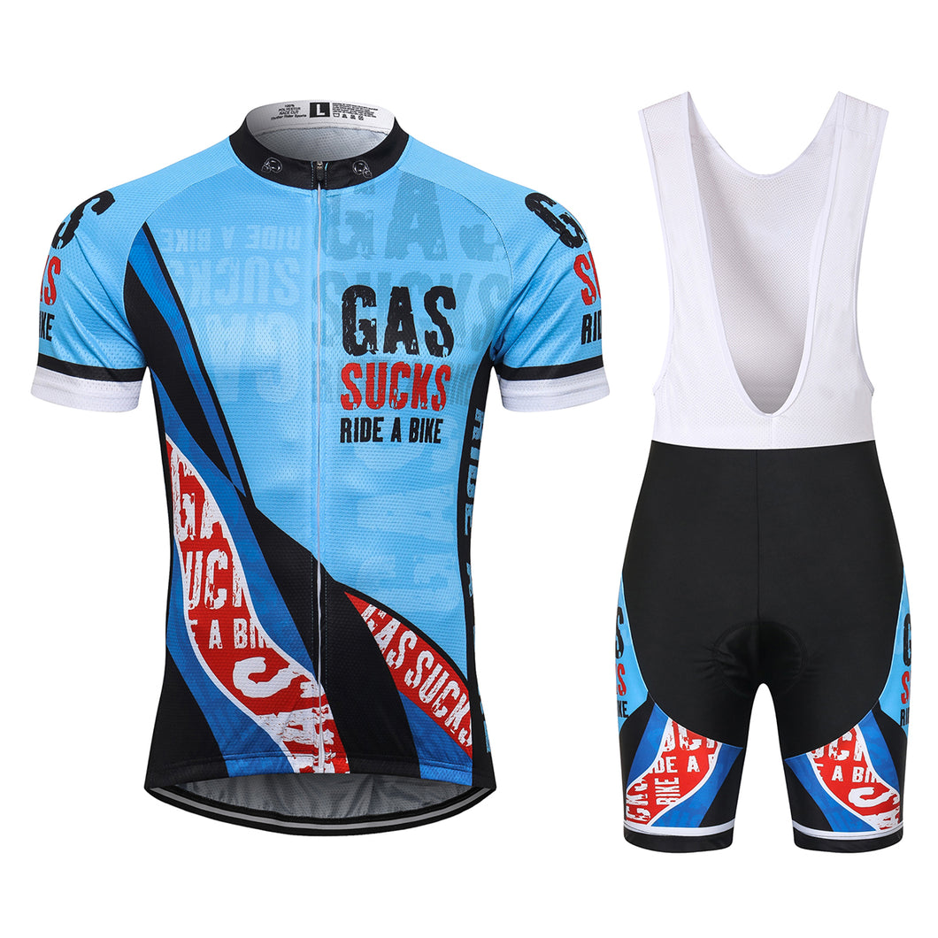 Thriller Rider Sports Bicycle Clothing Mens Cycling Jersey Short Sleeve and Bib Shorts Kit(Gas Sucks Ride a Bike)