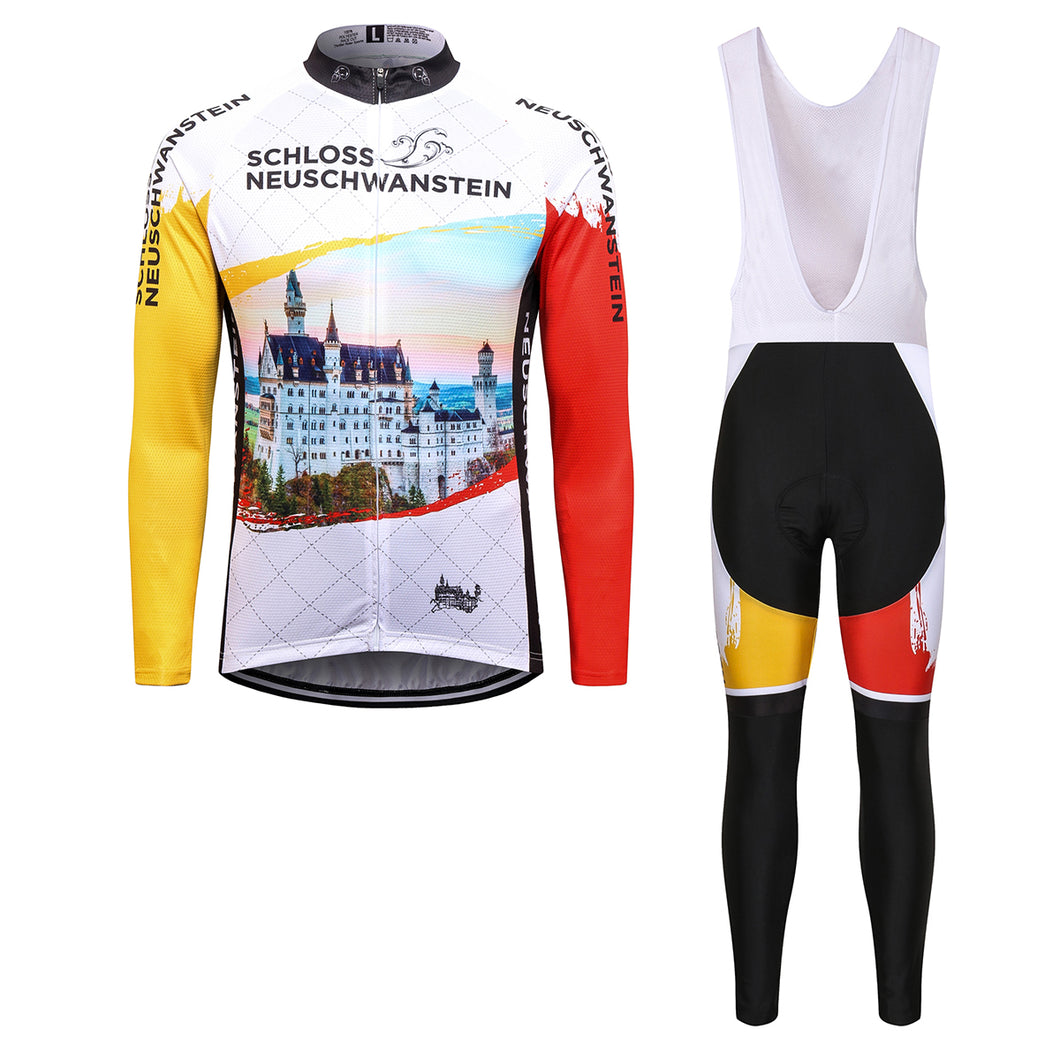 Thriller Rider Sports Bicycle Clothing Mens Cycling Jersey Long Sleeve and Bib Trousers Kit(Schoss Neuschwanstein)