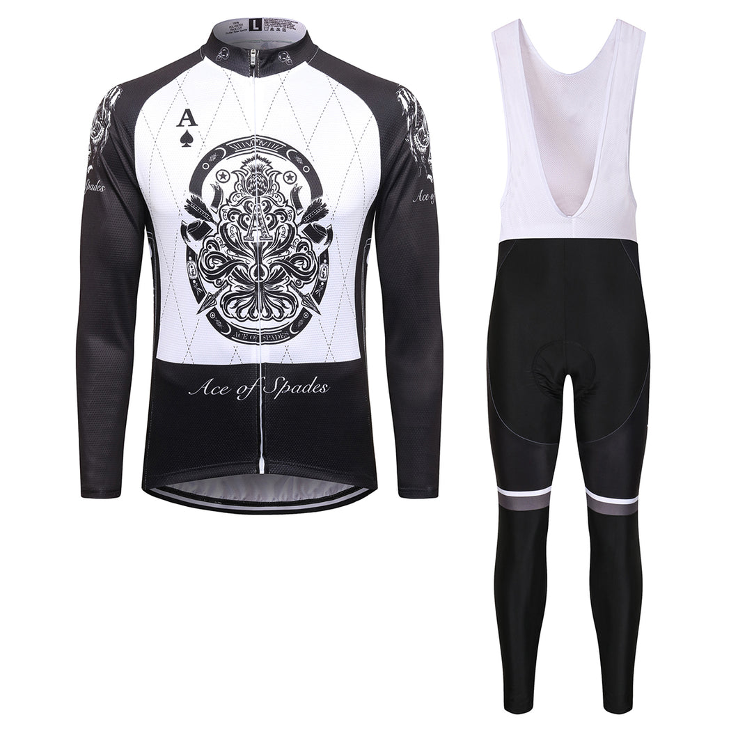 Thriller Rider Sports Bicycle Clothing Mens Cycling Jersey Long Sleeve and Bib Trousers Kit(Ace of Spades)