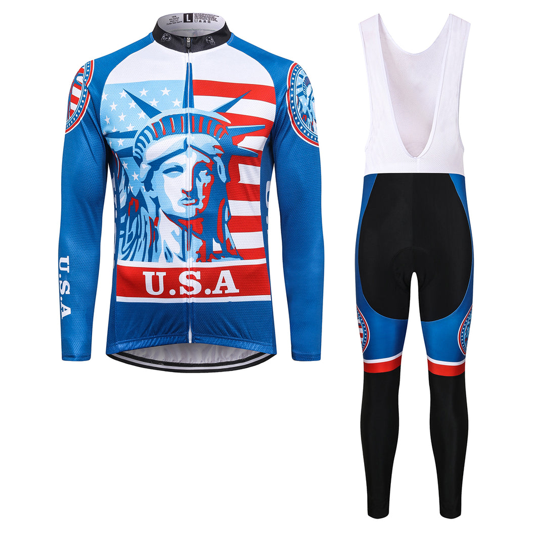 Thriller Rider Sports Bicycle Clothing Mens Cycling Jersey Long Sleeve and Bib Trousers Kit(USA Flag)