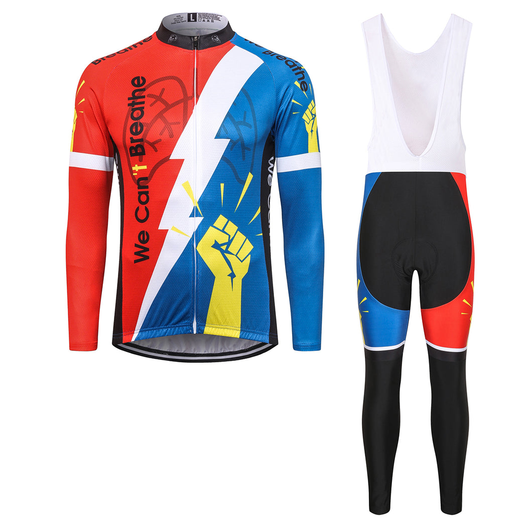 Thriller Rider Sports Bicycle Clothing Mens Cycling Jersey Long Sleeve and Bib Trousers Kit(We Can't Breathe)