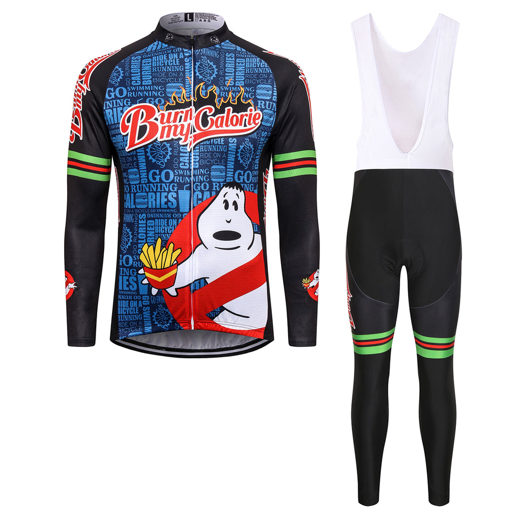 Thriller Rider Sports Bicycle Clothing Mens Cycling Jersey Long Sleeve and Bib Trousers Kit(Burn My Calorie)