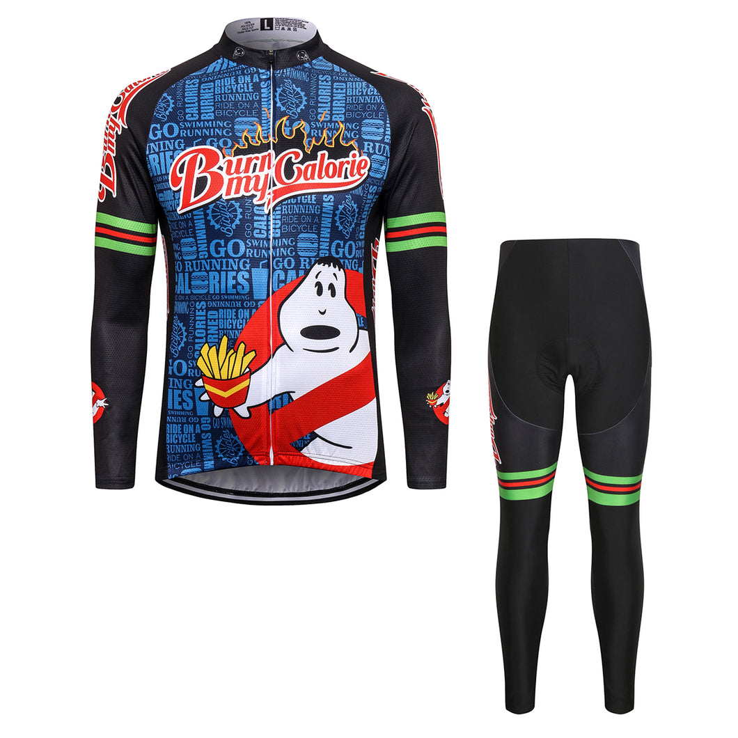 Thriller Rider Sports Bicycle Clothing Mens Cycling Jersey Long Sleeve and Trousers Kit(Burn My Calorie)