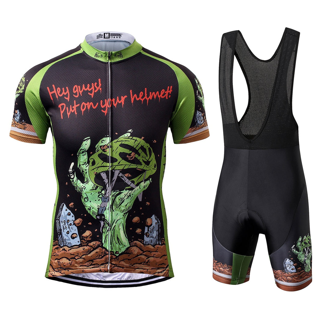 Thriller Rider Sports Bicycle Clothing Mens Cycling Jersey Short Sleeve and Bib Shorts Kit(Hey Guys! Put on Your Helmet!)