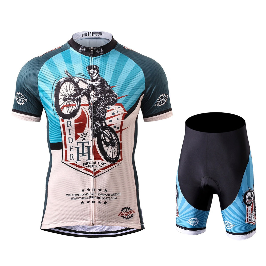 Thriller Rider Sports Bicycle Clothing Mens Cycling Jersey Short Sleeve and Shorts Kit(Feel in Your Wheels)