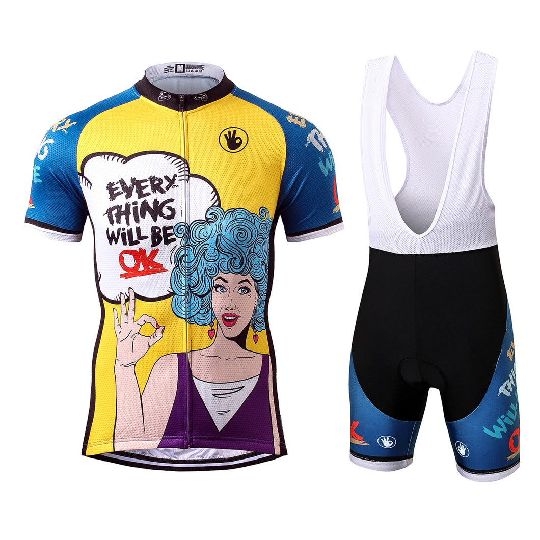 Thriller Rider Sports Bicycle Clothing Mens Cycling Jersey Short Sleeve and Bib Shorts Kit(Everything Will Be OK)